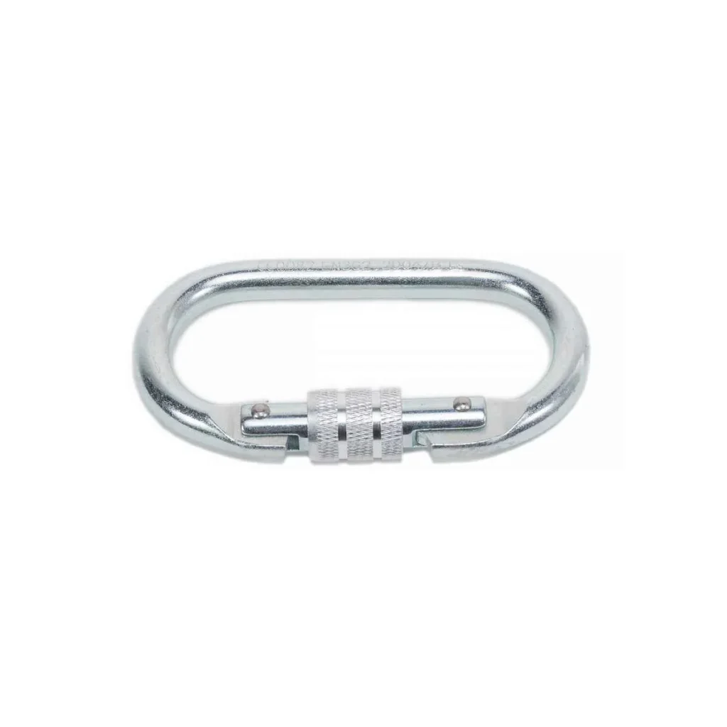 Ein ovaler Karabiner aus silbernem Metall mit Schraubverschluss, fotografiert vor einem weißen Hintergrund.